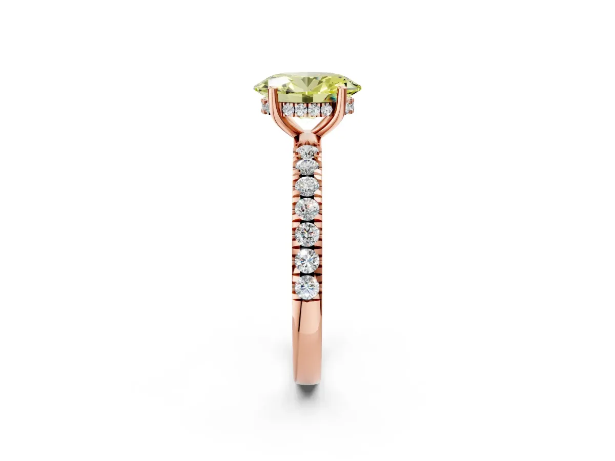 Fancy Yellow Oval Cut Diamond Pave Band Solitaire Ring with Round and Prong Setting Rose gold