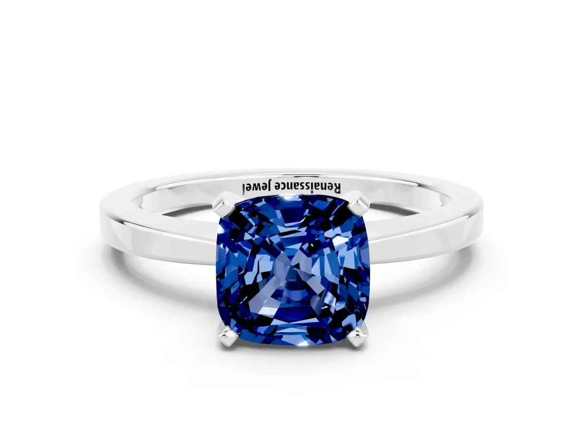 Cushion Cut Blue Sapphire Solitaire Engagement Ring with Classic Band and Four-Prong Setting Silver