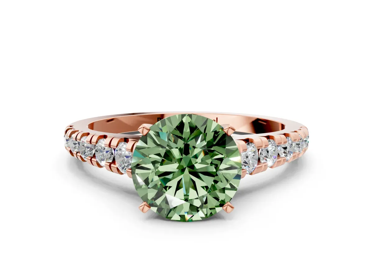 Fancy Green Round Cut Diamond Cathedral Solitaire Ring with Round Pavé Band Rose gold