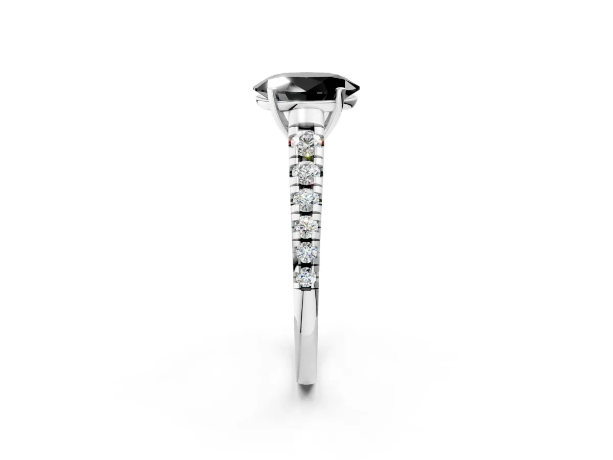 Fancy Black Oval Cut Diamond Cathedral Solitaire Ring with Round Pavé Band Platinum