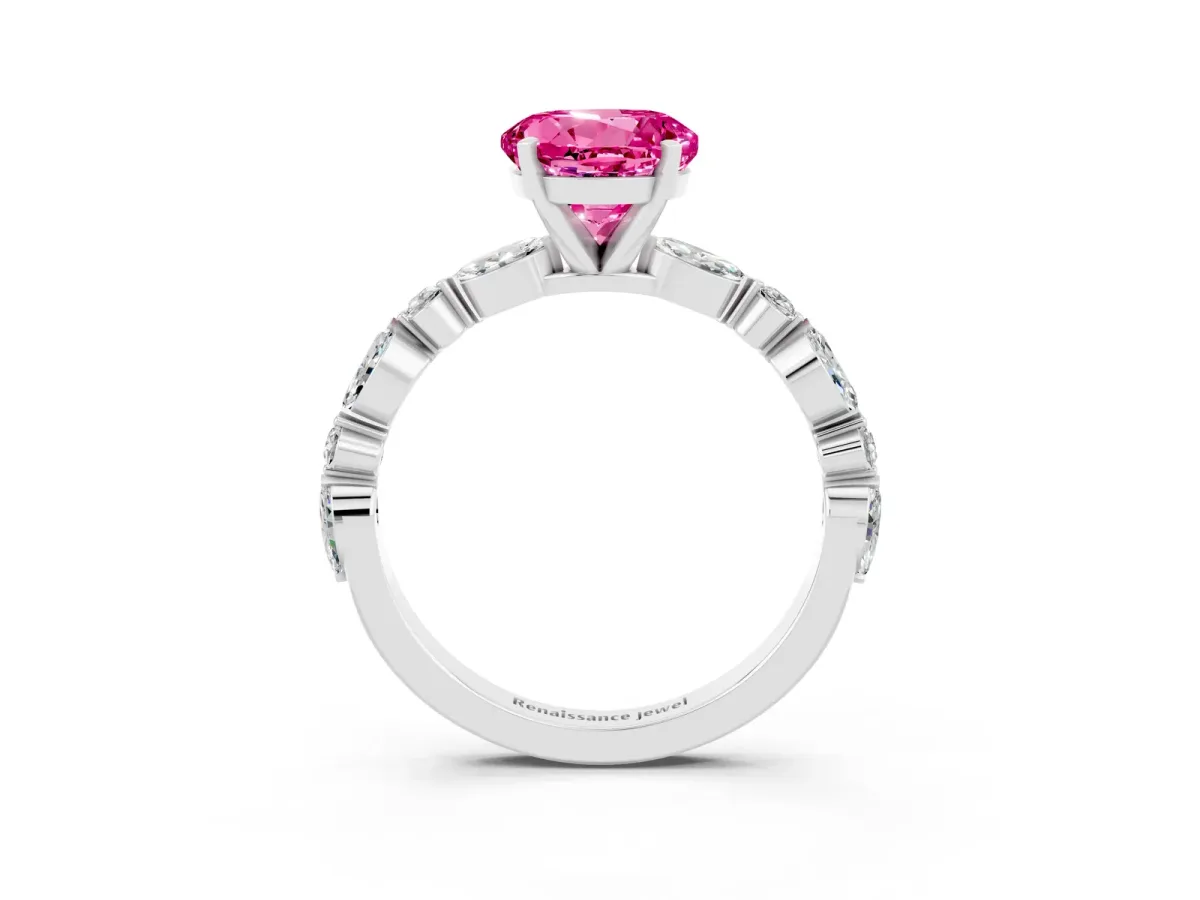 Round Cut Pink Sapphire Ring with Marquise and Round Side Stones and Four-Prong Setting Silver