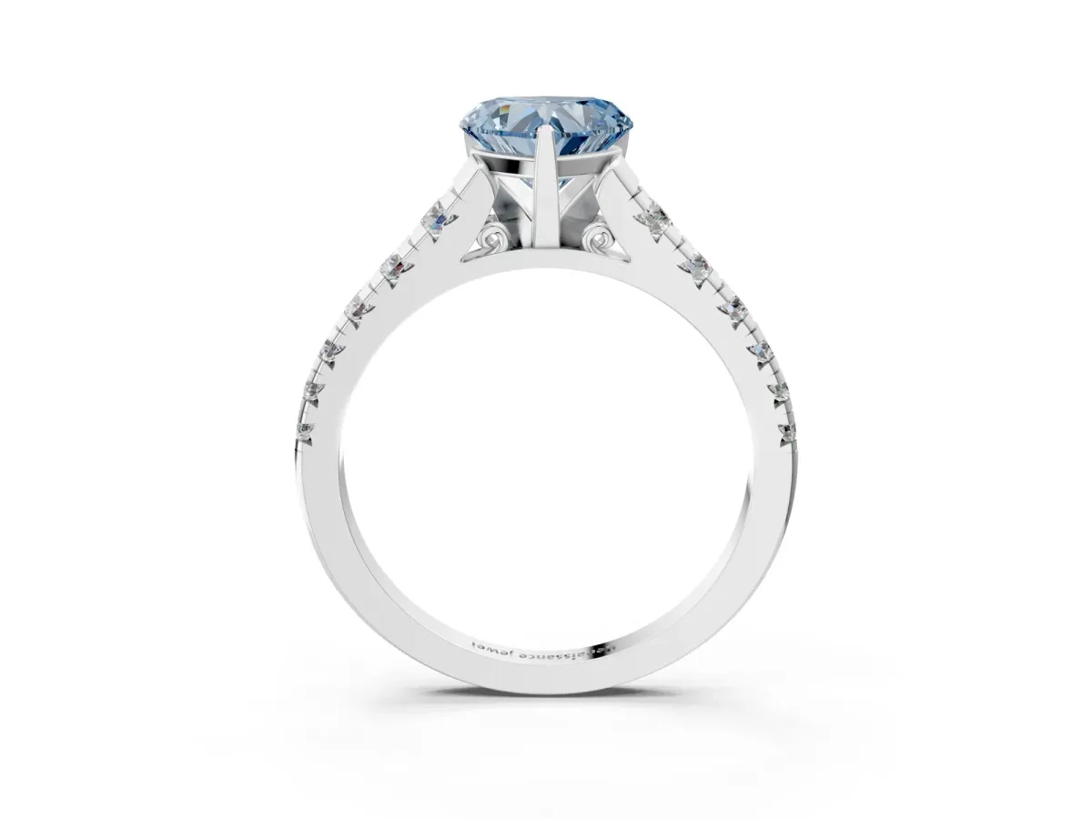 Fancy Blue Heart Cut Diamond Cathedral Solitaire Ring with Round Pavé Band White gold