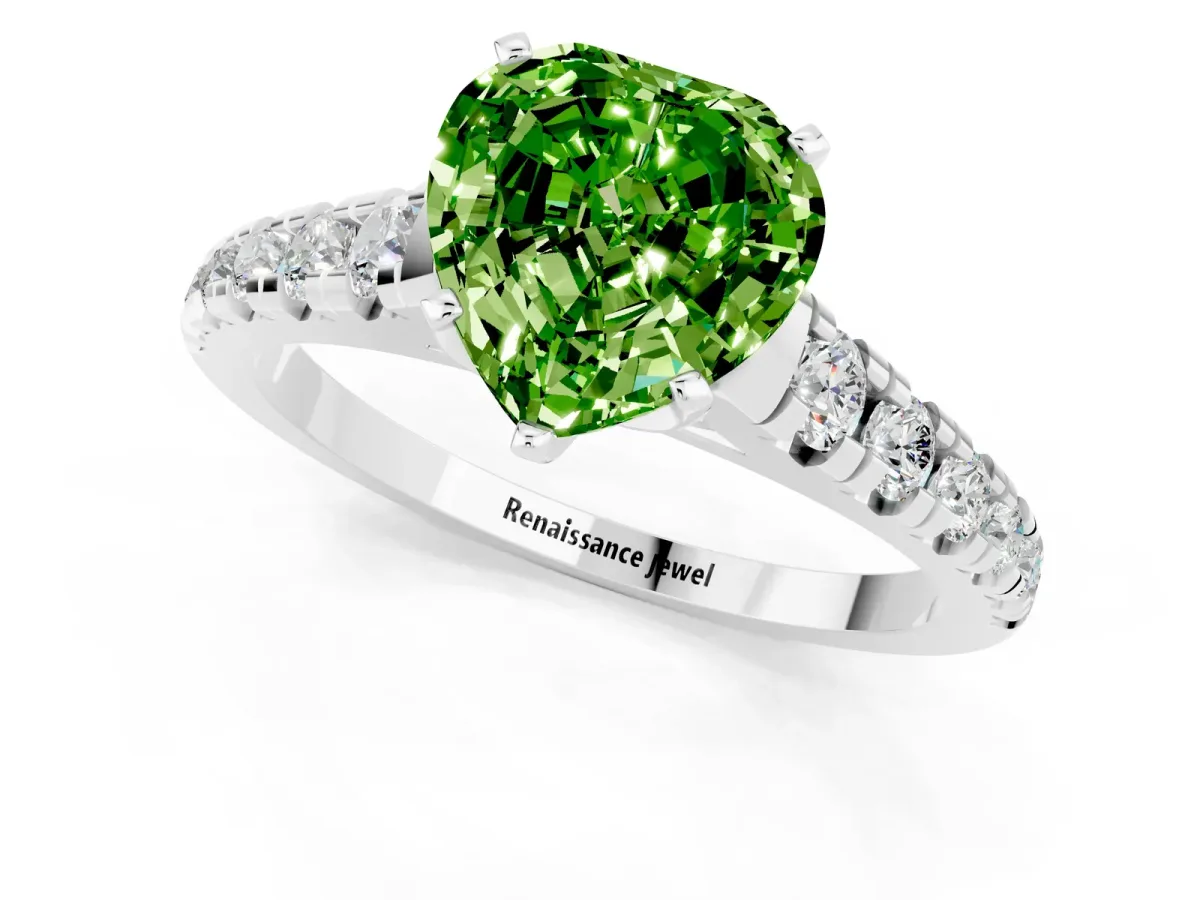 Heart Cut Peridot Cathedral Solitaire Ring with Round Pavé Band White gold