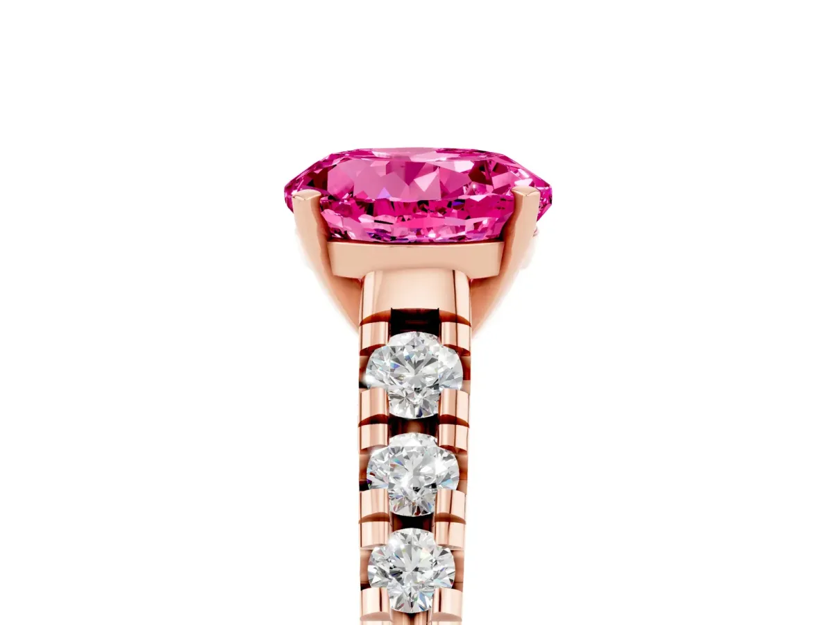 Round Cut Pink Sapphire Cathedral Solitaire Ring with Round Pavé Band Rose gold