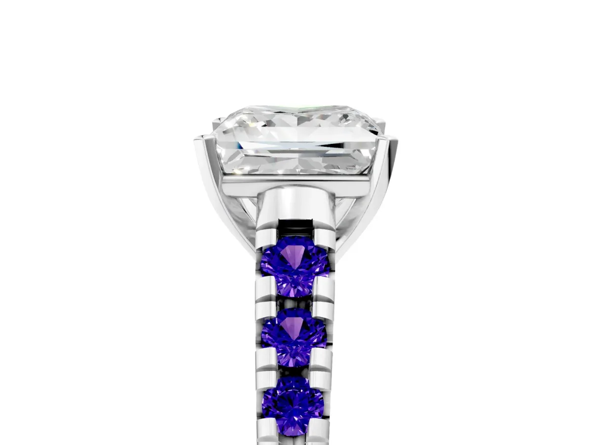 Princess Cut Diamond Cathedral Solitaire Ring with Round Tanzanite Pavé Band Platinum