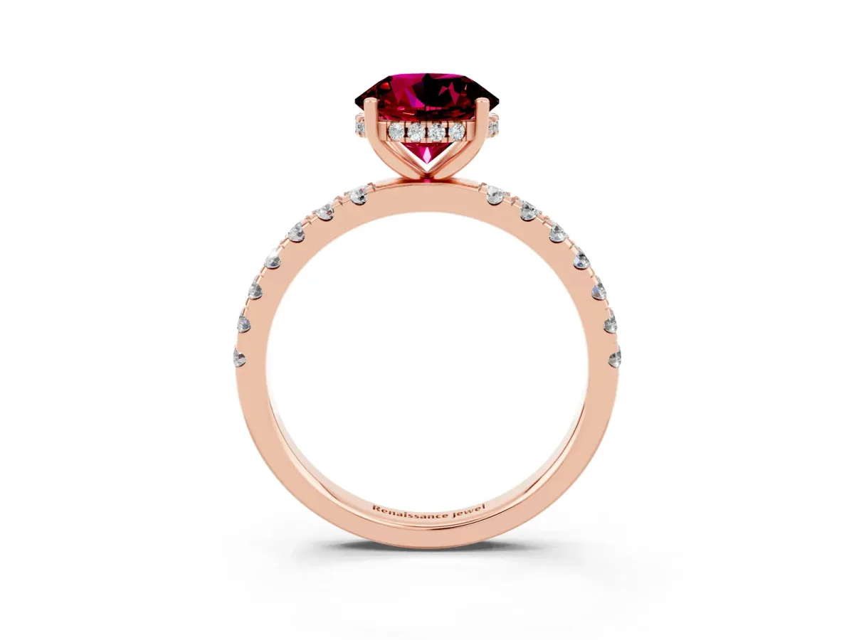 Round Cut Garnet Pave Band Solitaire Ring with Round and Prong Setting Rose gold