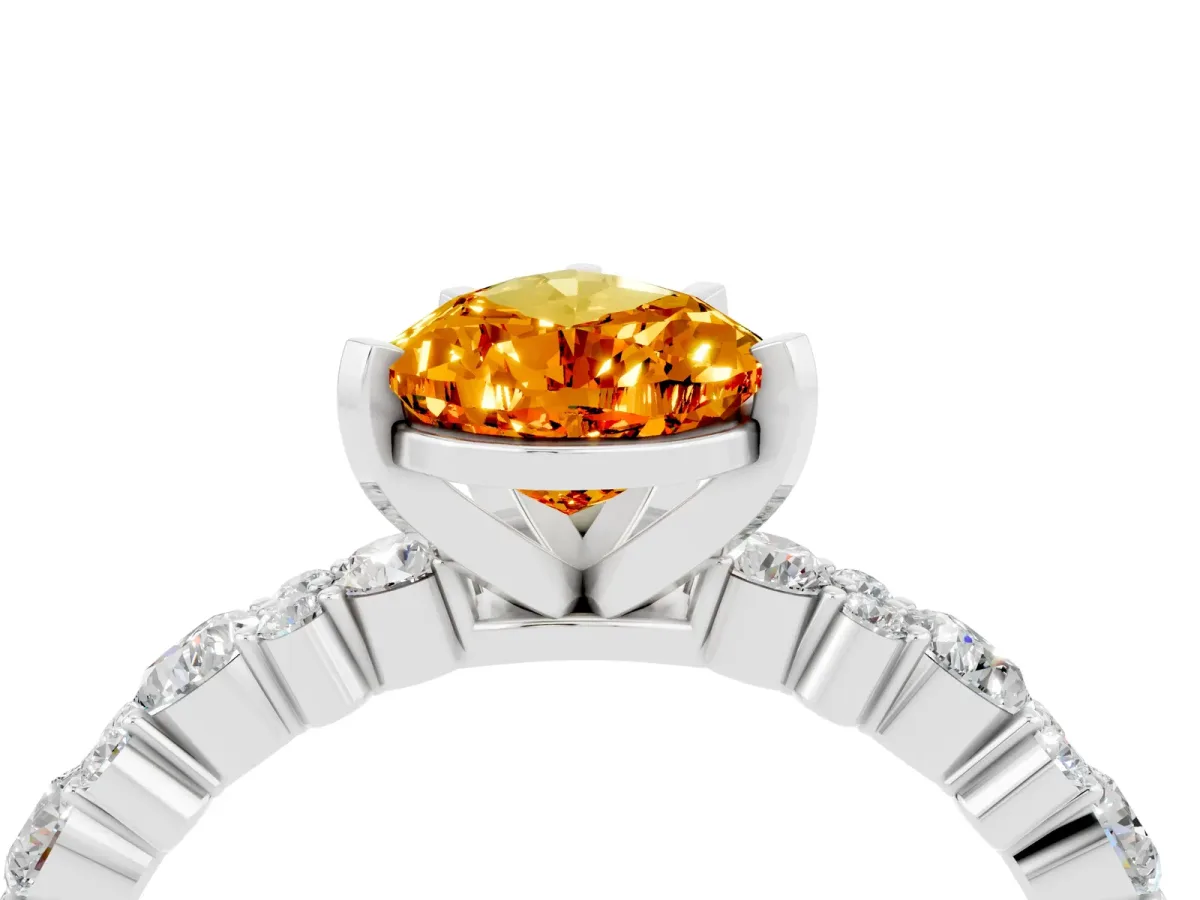 Pear Cut Citrine Side Stone Solitaire Ring with Round and Four-Prong Setting Platinum