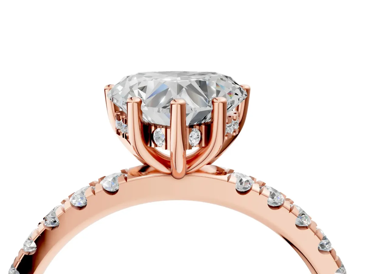 Heart Cut Diamond Pave Band Solitaire Ring with Round Moissanite and Prong Setting Rose gold