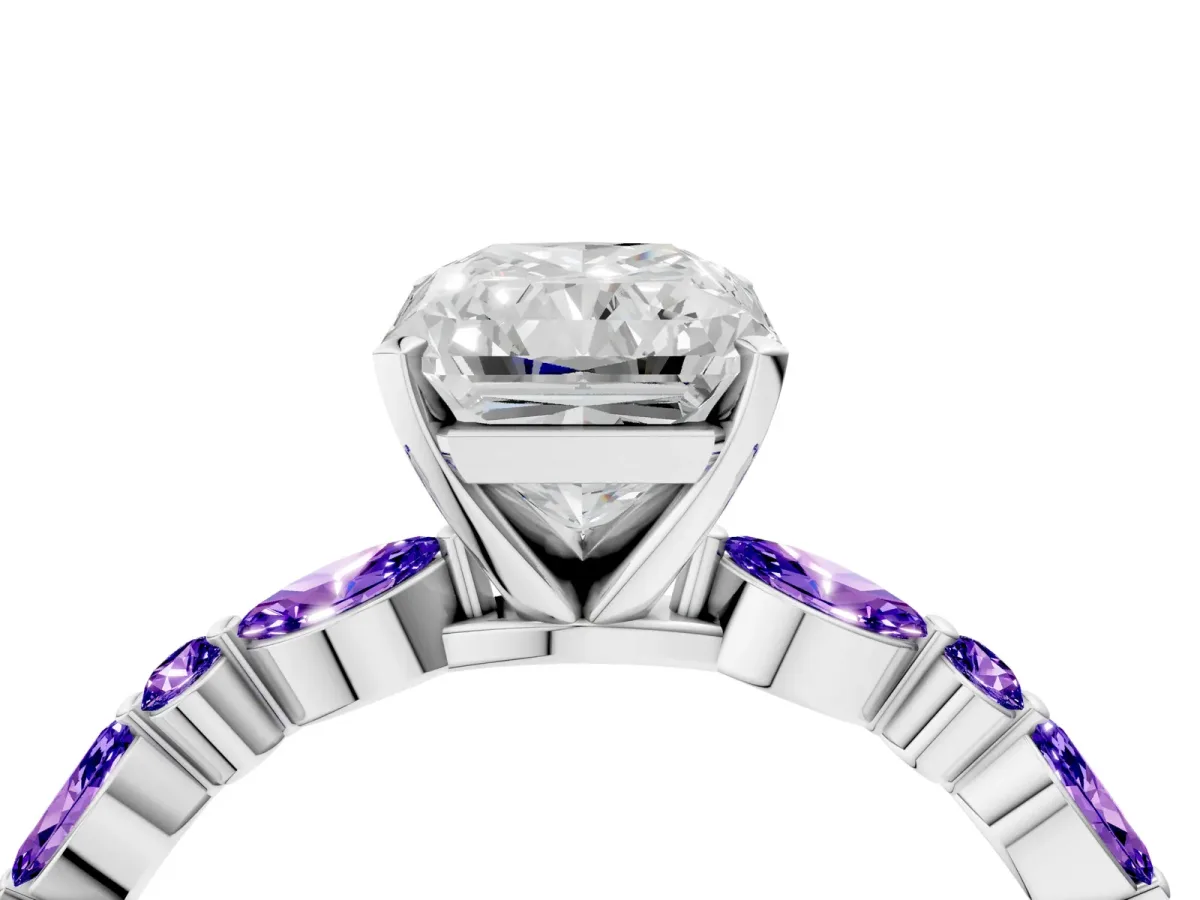 Radiant Cut Diamond Ring with Marquise and Round Tanzanite Side Stones and Four-Prong Setting Silver