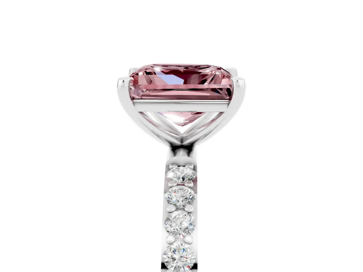 Princess Cut Morganite Solitaire Ring with Round Pavé Band and Prong Setting Silver