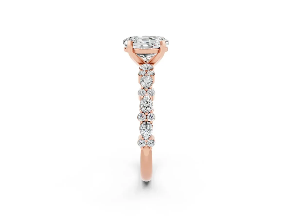 Oval Cut Moissanite Side Stone Solitaire Ring with Round and Four-Prong Setting Rose gold