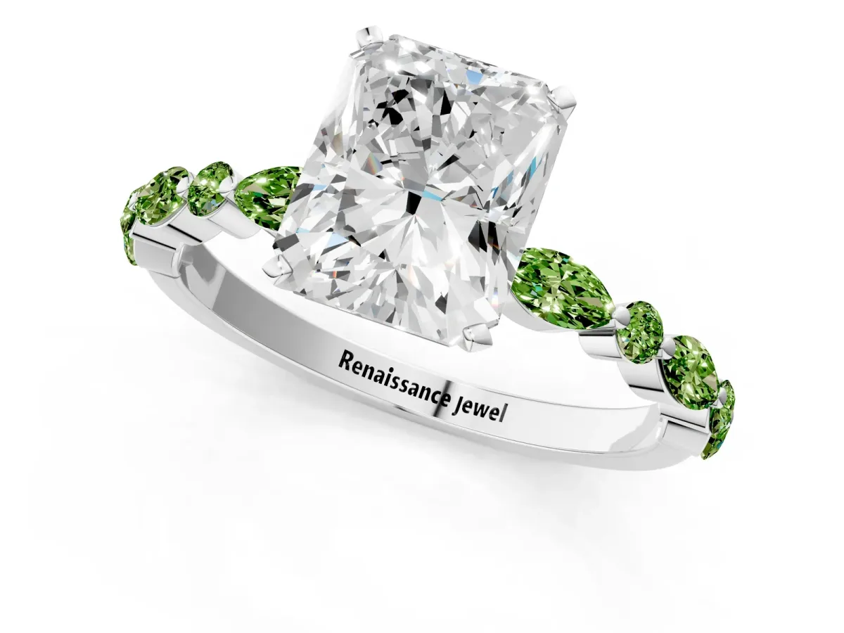 Radiant Cut Diamond Ring with Marquise and Round Peridot Side Stones and Four-Prong Setting Silver