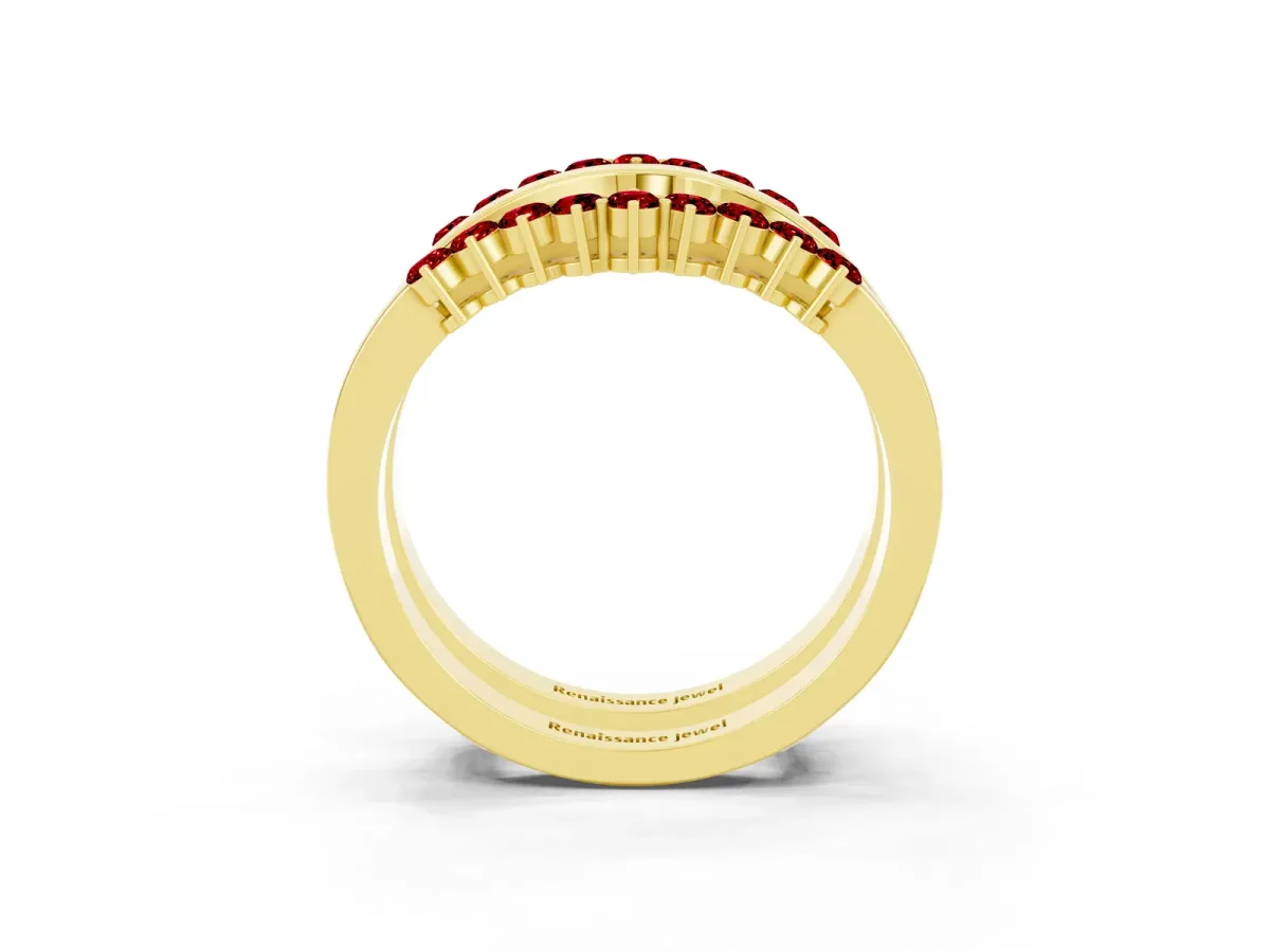 Round Ruby Chevron Contour Band with Prong Setting Yellow gold
