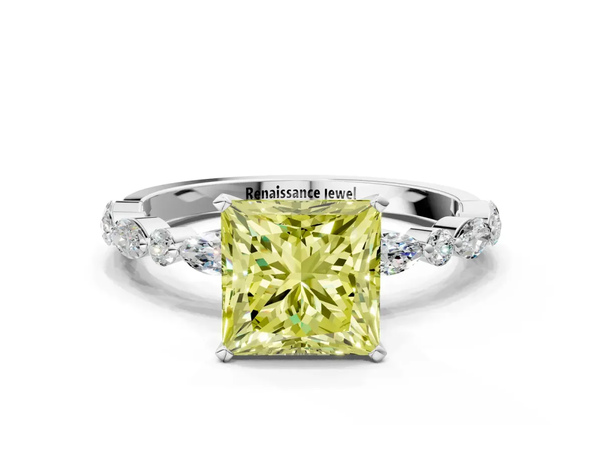 Fancy Yellow Princess Cut Diamond Ring with Marquise and Round Side Stones and Four-Prong Setting Silver