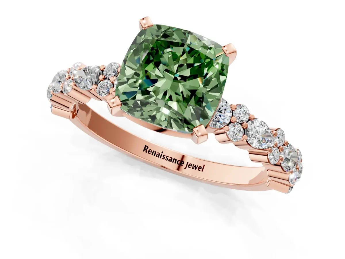 Fancy Green Cushion Cut Diamond Side Stone Solitaire Ring with Round and Four-Prong Setting Rose gold