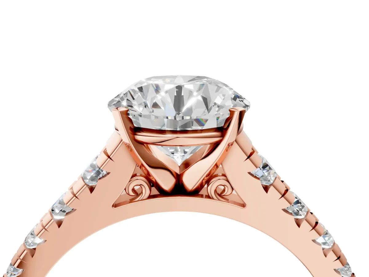 Round Cut Diamond Cathedral Solitaire Ring with Round Moissanite Pavé Band Rose gold