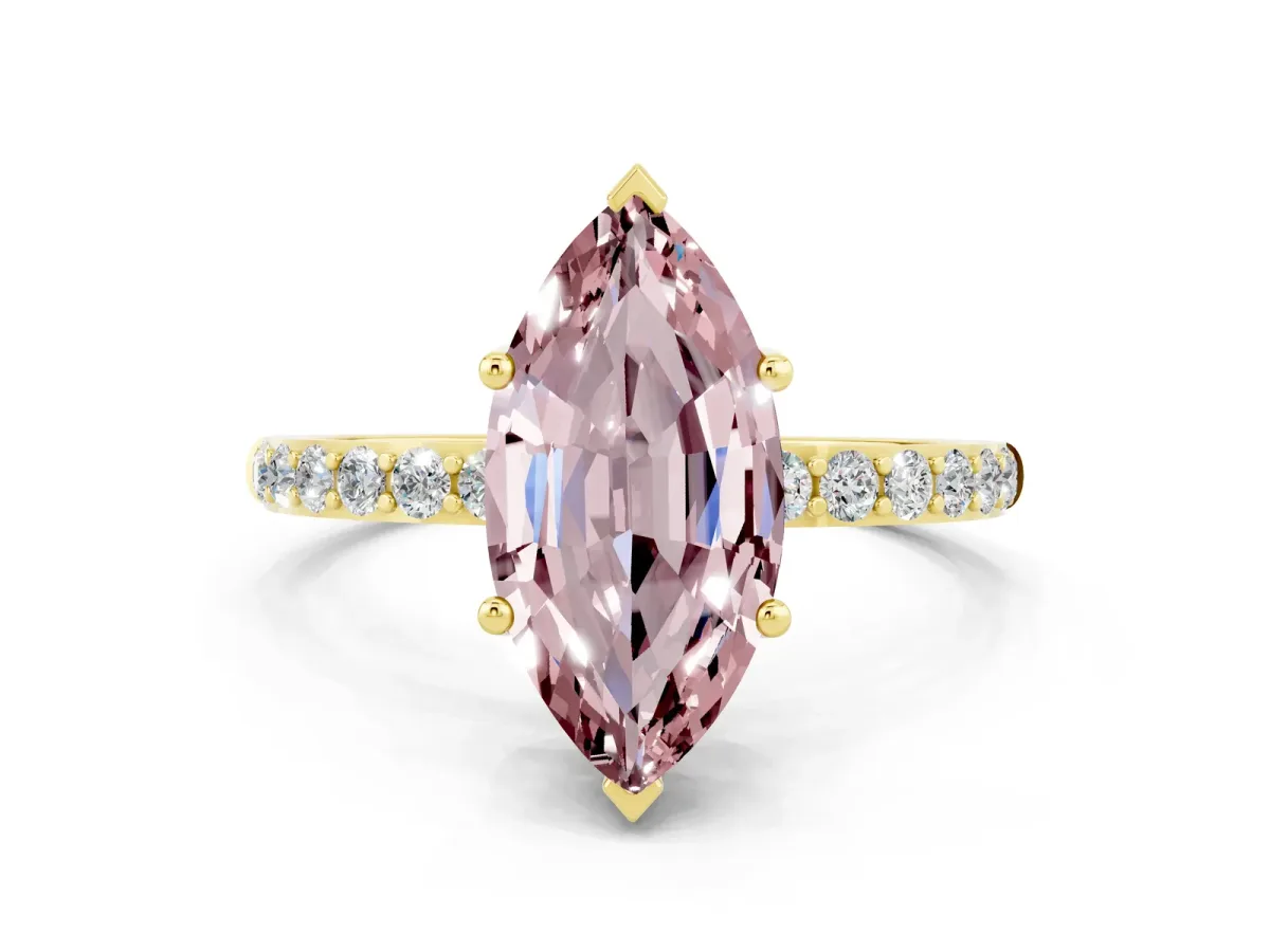 Marquise Cut Morganite Solitaire Ring with Round Pavé Band and Prong Setting Yellow gold