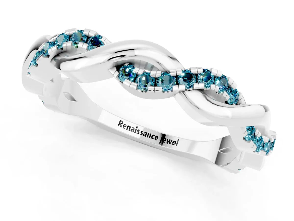 Round Blue Topaz Twist Eternity Band with Pavé Setting Silver