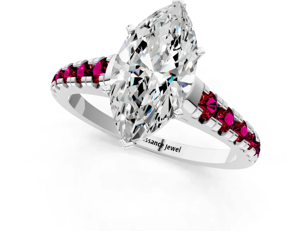 Marquise Cut Diamond Cathedral Solitaire Ring with Round Garnet Pavé Band Platinum