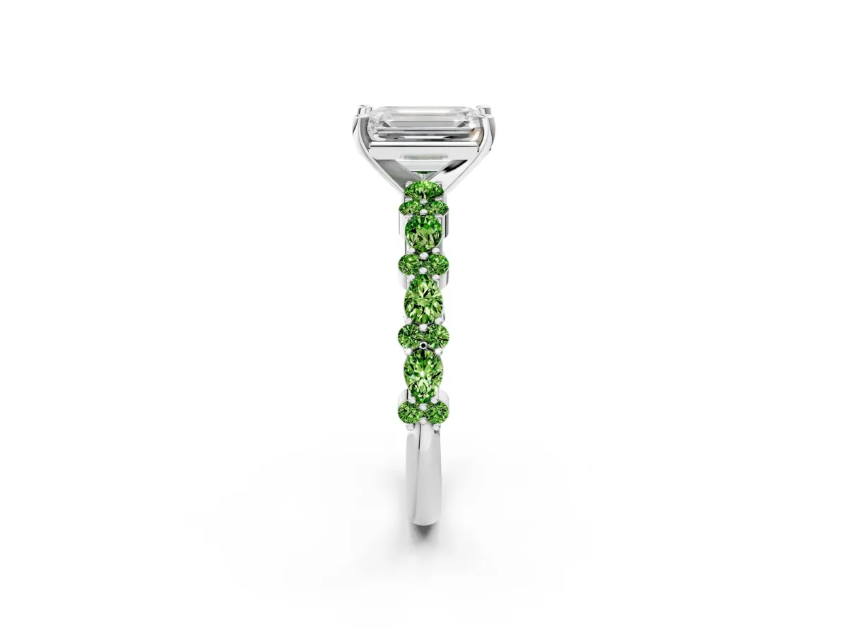 Emerald Cut Diamond Side Stone Solitaire Ring with Round Peridot and Four-Prong Setting Silver