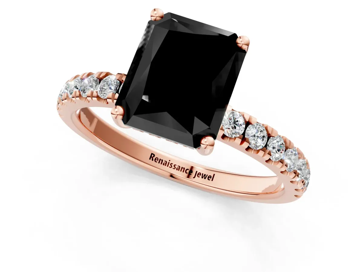 Fancy Black Radiant Cut Diamond Pave Band Solitaire Ring with Round and Prong Setting Rose gold