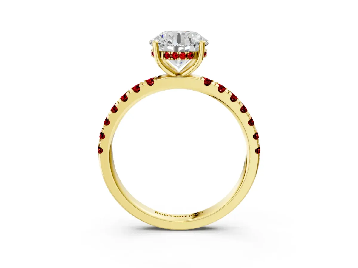 Round Cut Diamond Pave Band Solitaire Ring with Round Ruby and Prong Setting Yellow gold