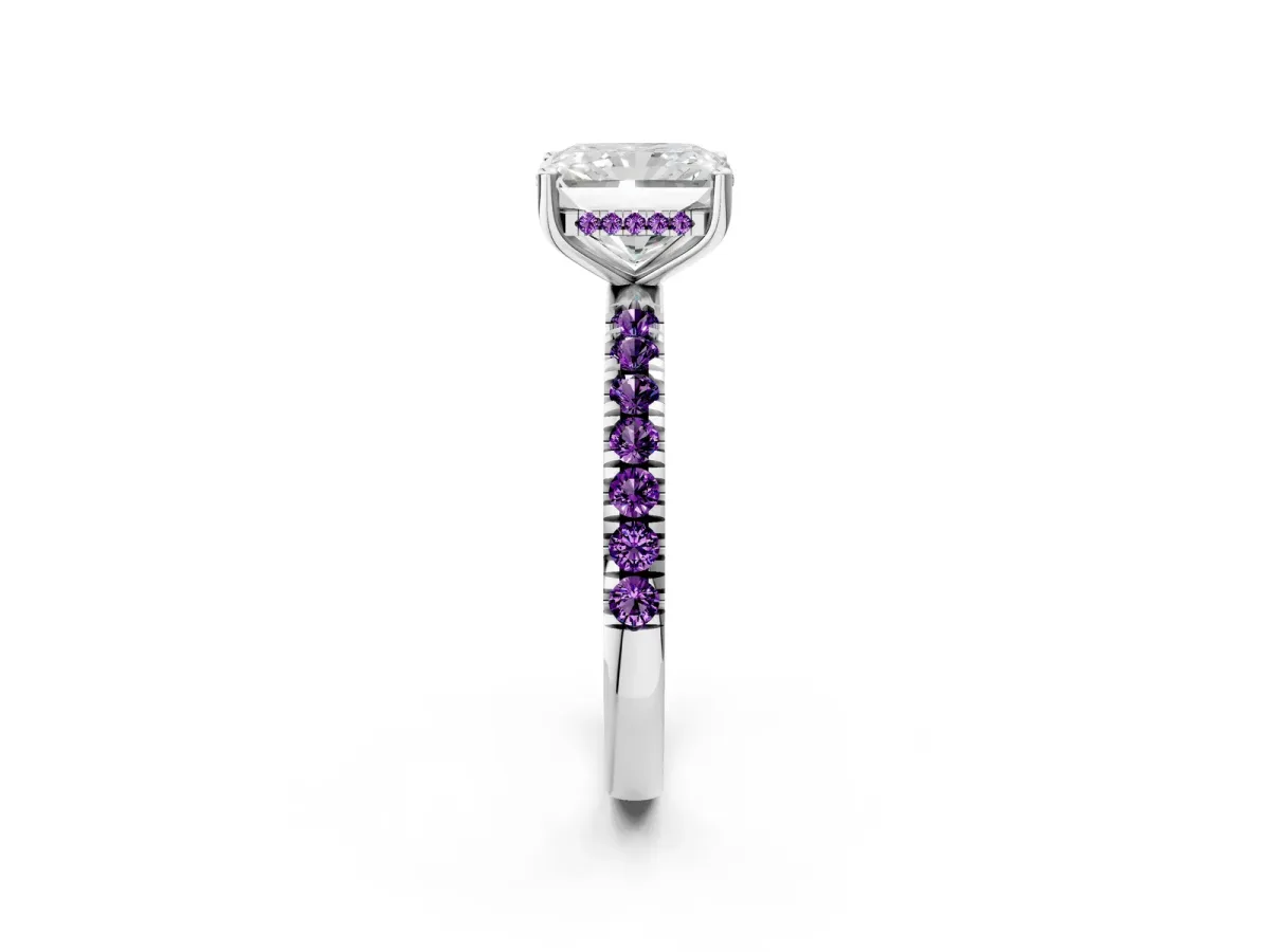 Radiant Cut Diamond Pave Band Solitaire Ring with Round Amethyst and Prong Setting Silver