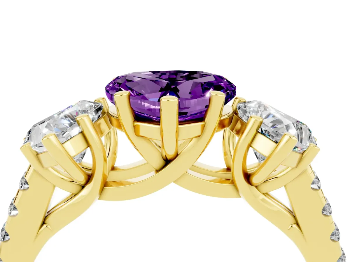 Three-Stone Heart Cut Amethyst Ring with Round Pavé Band and Prong Setting Yellow gold