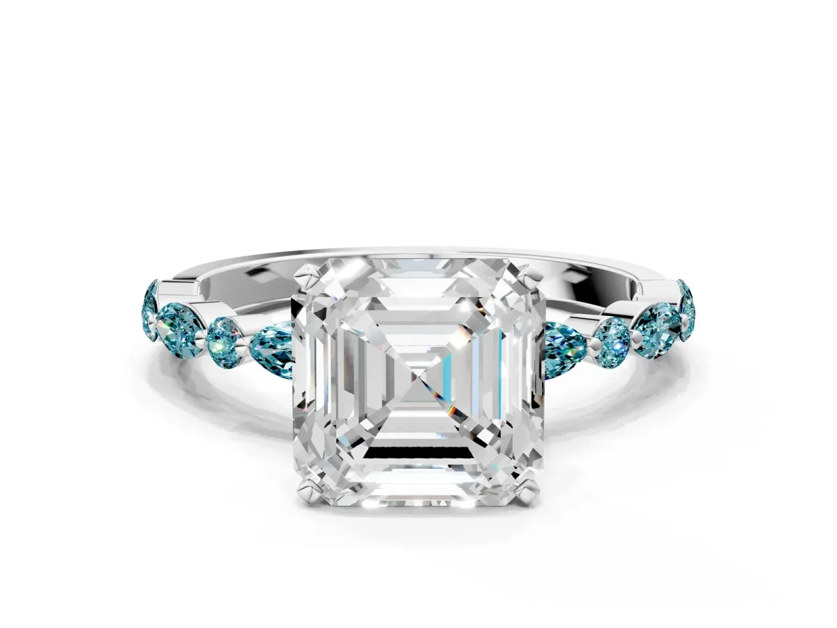 Asscher Cut Diamond Ring with Marquise and Round Blue Topaz Side Stones and Four-Prong Setting Silver