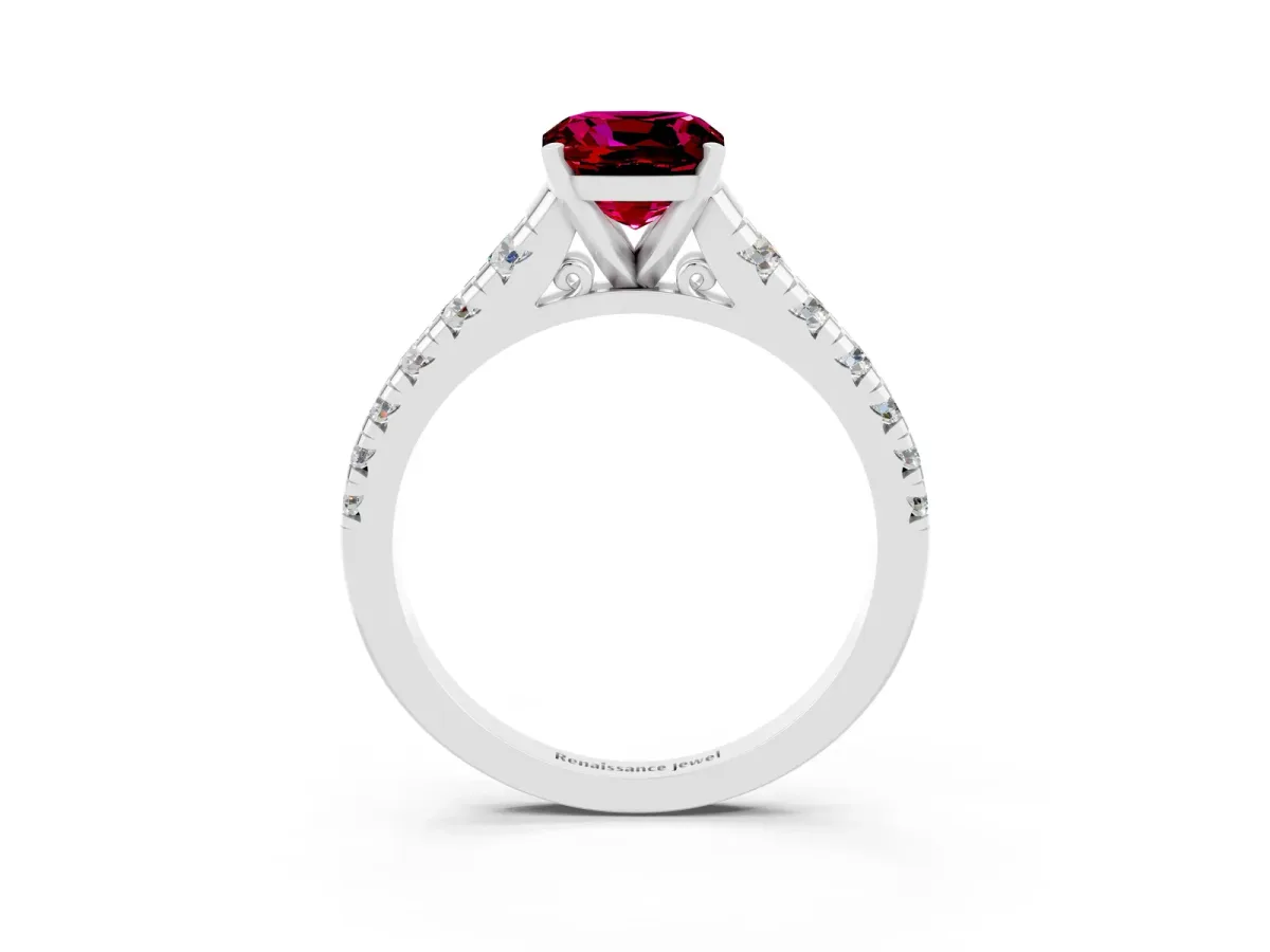 Cushion Cut Garnet Cathedral Solitaire Ring with Round Pavé Band White gold