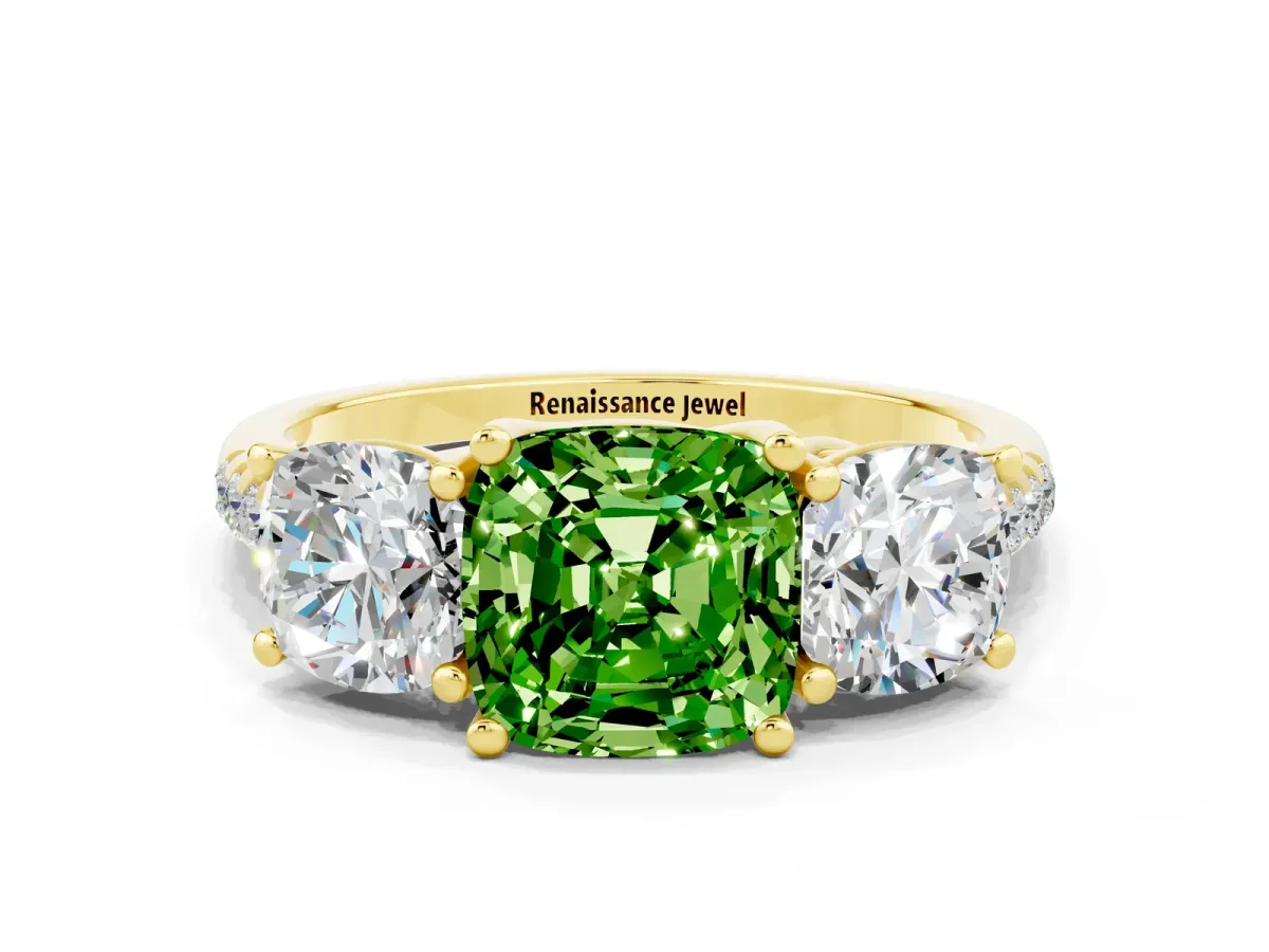Three-Stone Cushion Cut Peridot Ring with Round Pavé Band and Prong Setting Yellow gold