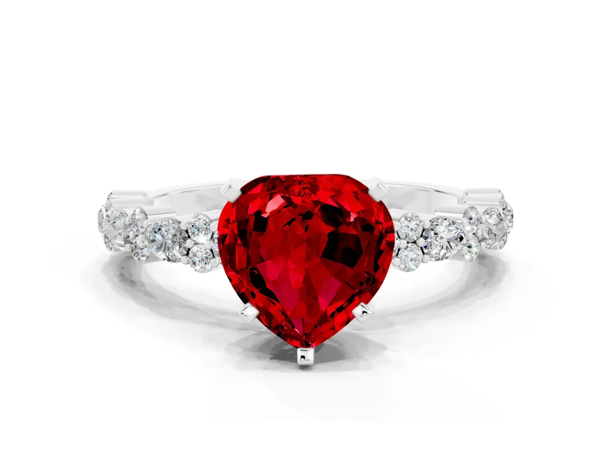 Heart Cut Ruby Side Stone Solitaire Ring with Round and Four-Prong Setting Platinum