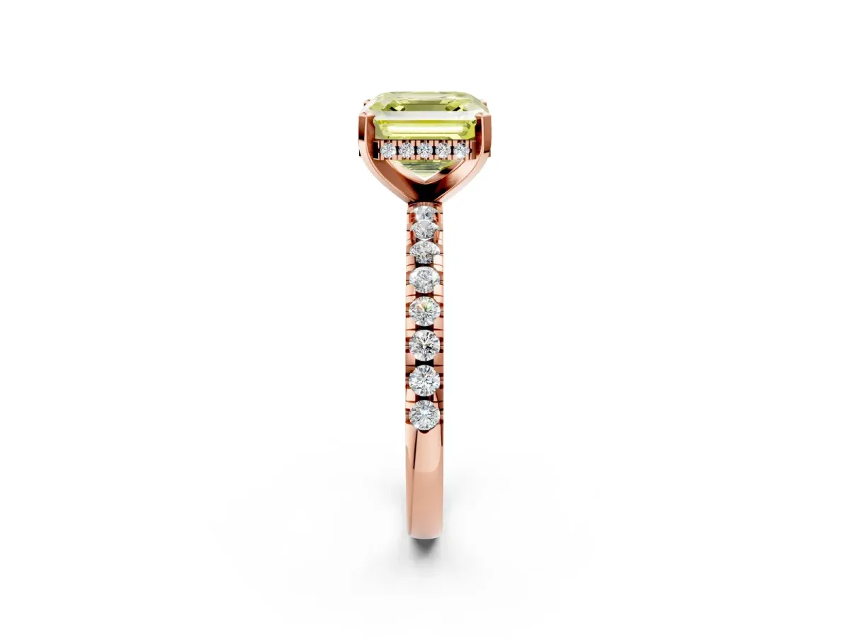 Fancy Yellow Asscher Cut Diamond Solitaire Ring with Round Pavé Band and Four-Prong Setting Rose gold