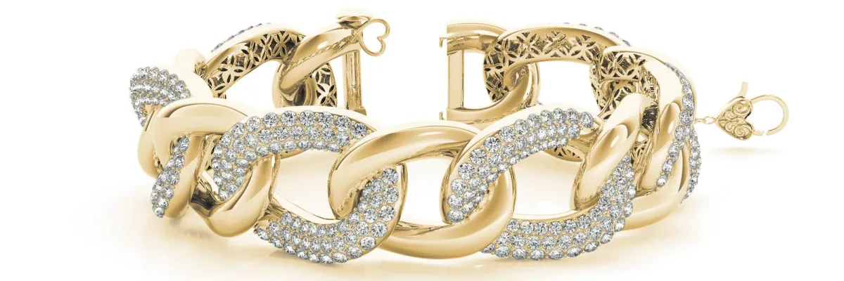 Pavé Round Stone Chain Link Bracelet with Heart Clasp Yellow gold