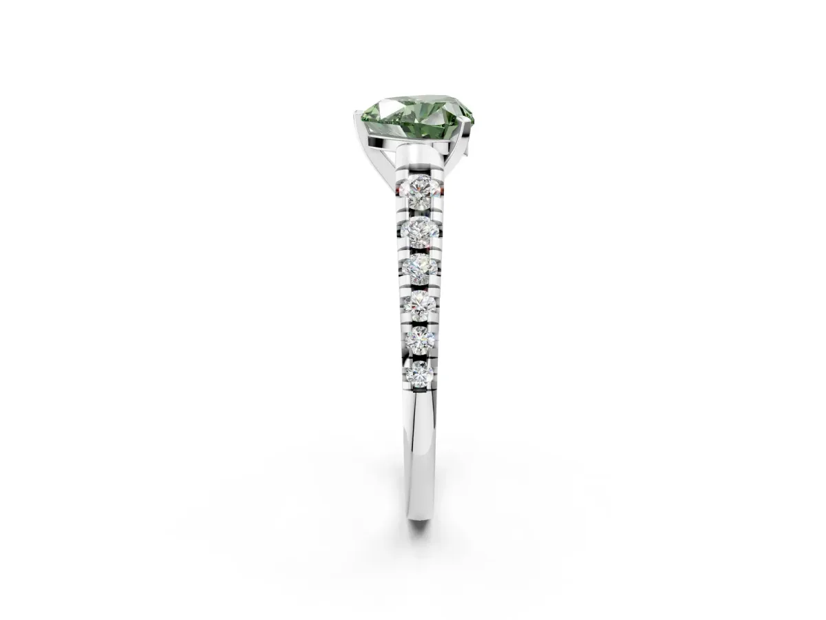 Fancy Green Heart Cut Diamond Cathedral Solitaire Ring with Round Pavé Band Silver