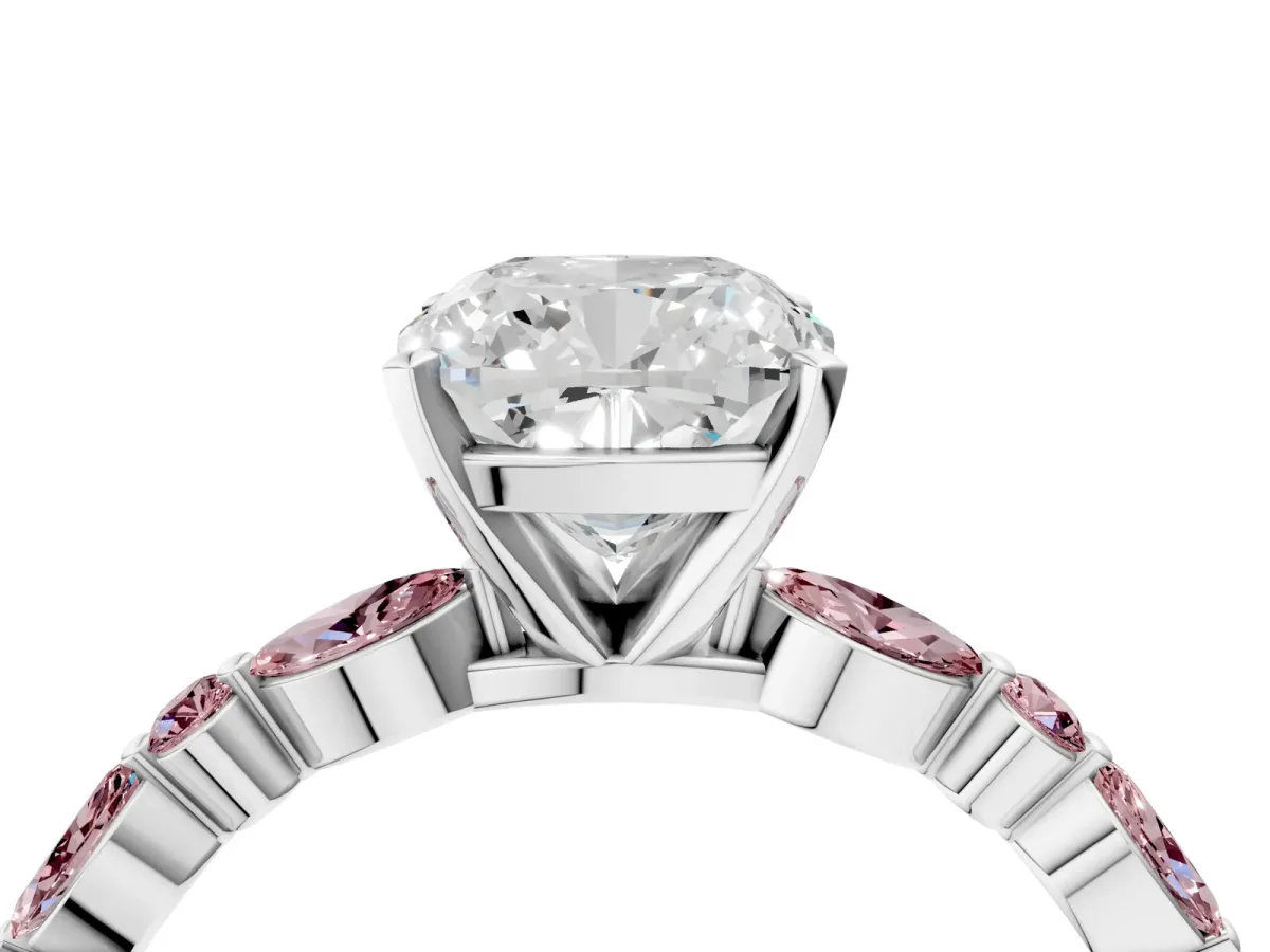 Cushion Cut Diamond Ring with Marquise and Round Morganite Side Stones and Four-Prong Setting Silver