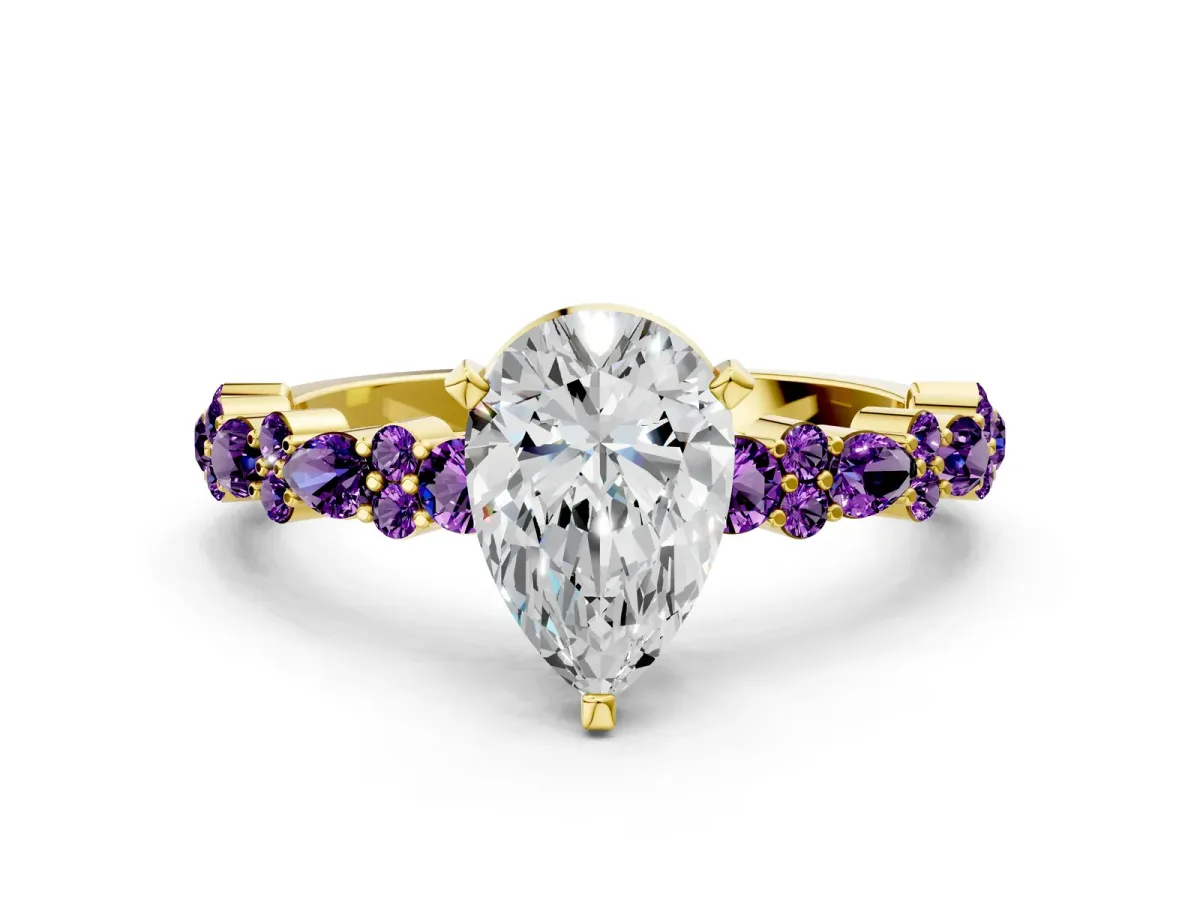 Pear Cut Diamond Side Stone Solitaire Ring with Round Amethyst and Four-Prong Setting Yellow gold