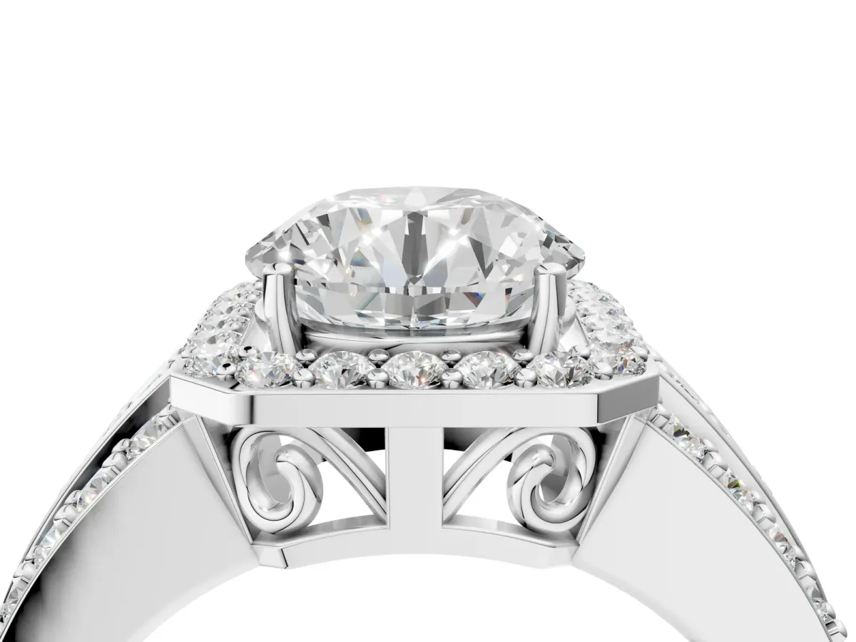 Round Cut Halo Diamond Ring with Round Tanzanite Split Shank and Prong Setting Silver