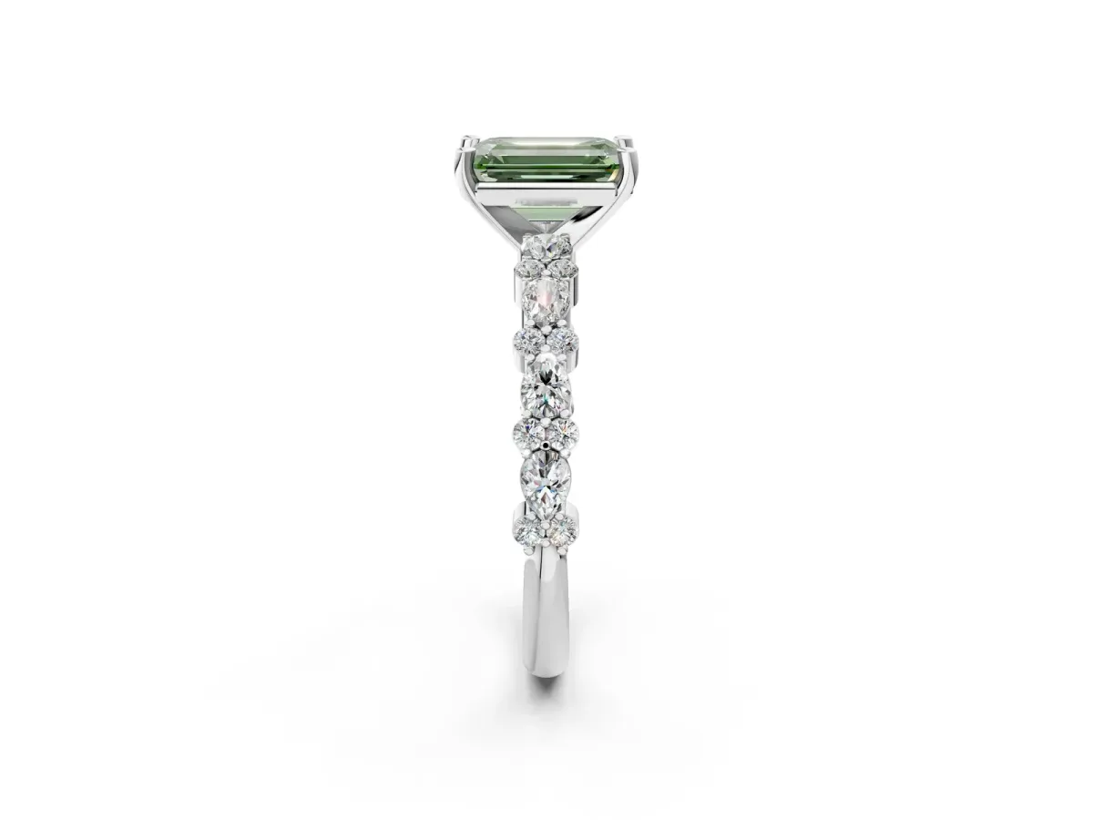 Fancy Green Emerald Cut Diamond Side Stone Solitaire Ring with Round and Four-Prong Setting Platinum