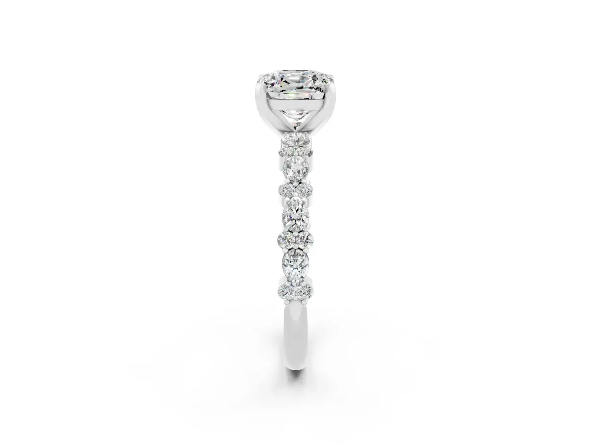 Cushion Cut Moissanite Side Stone Solitaire Ring with Round and Four-Prong Setting White gold