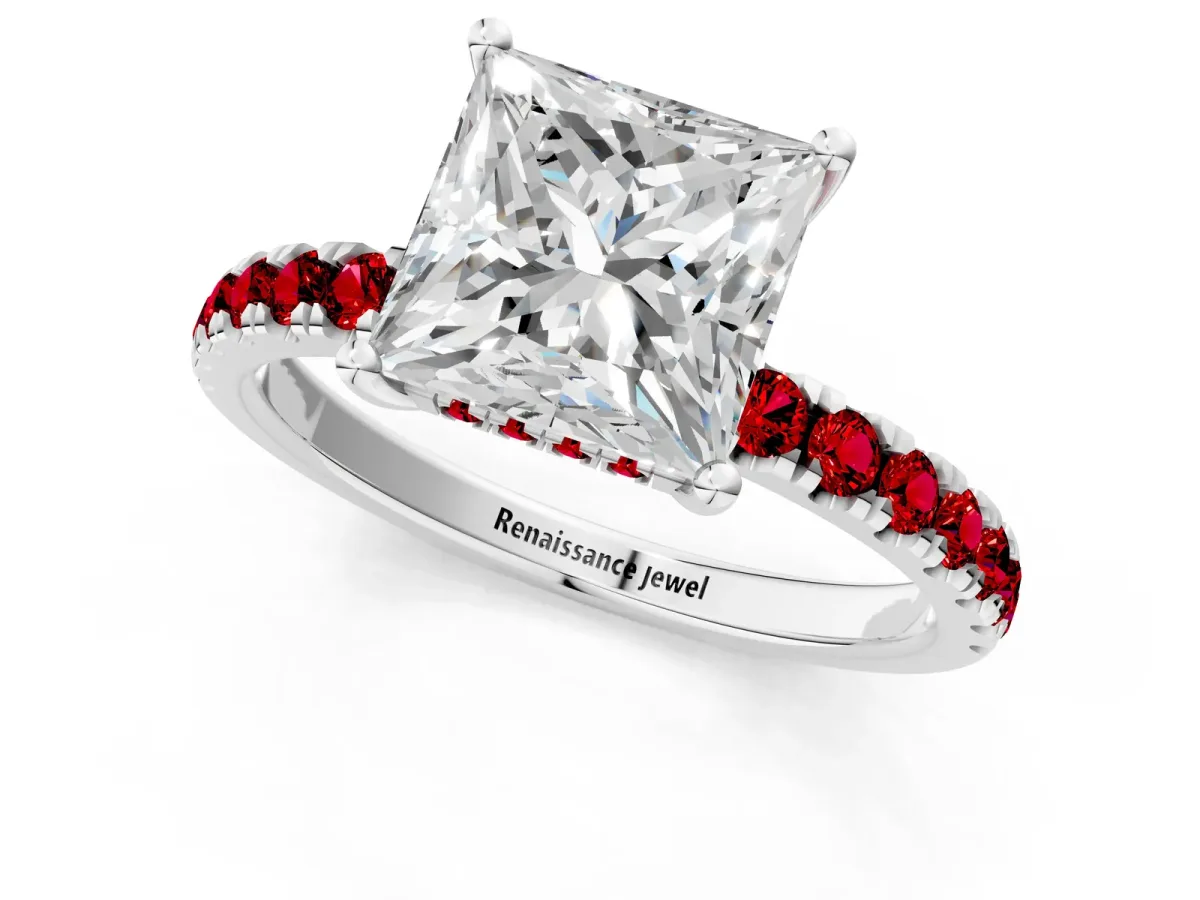 Princess Cut Diamond Pave Band Solitaire Ring with Round Ruby and Prong Setting White gold