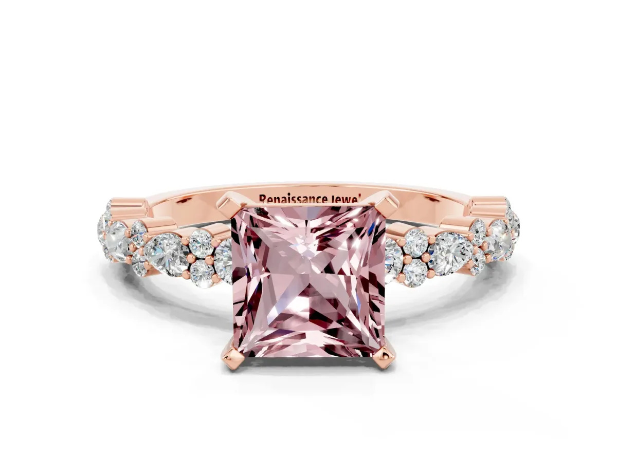 Princess Cut Morganite Side Stone Solitaire Ring with Round and Four-Prong Setting Rose gold