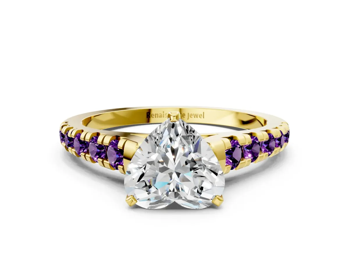 Heart Cut Diamond Cathedral Solitaire Ring with Round Amethyst Pavé Band Yellow gold