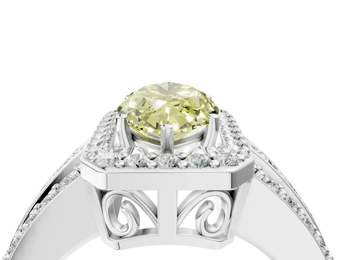 Fancy Yellow Marquise Cut Halo Diamond Ring with Round Split Shank and Prong Setting White gold