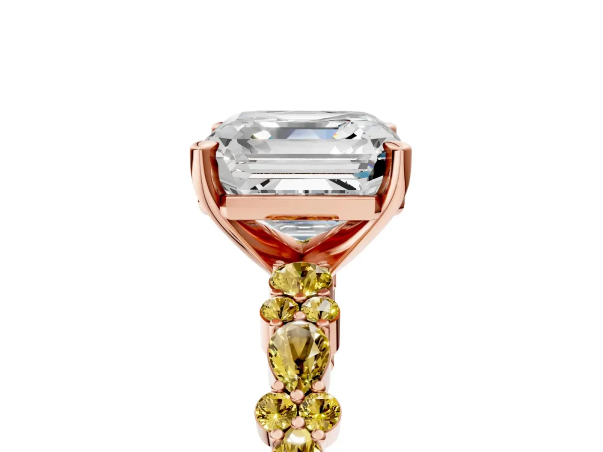 Asscher Cut Diamond Side Stone Solitaire Ring with Round Yellow Sapphire and Four-Prong Setting Rose gold