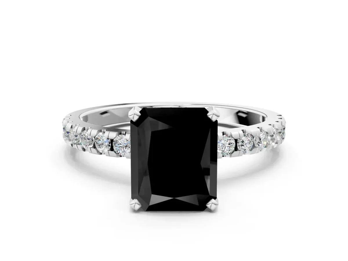 Fancy Black Radiant Cut Diamond Solitaire Ring with Round Pavé Band and Four-Prong Setting Platinum