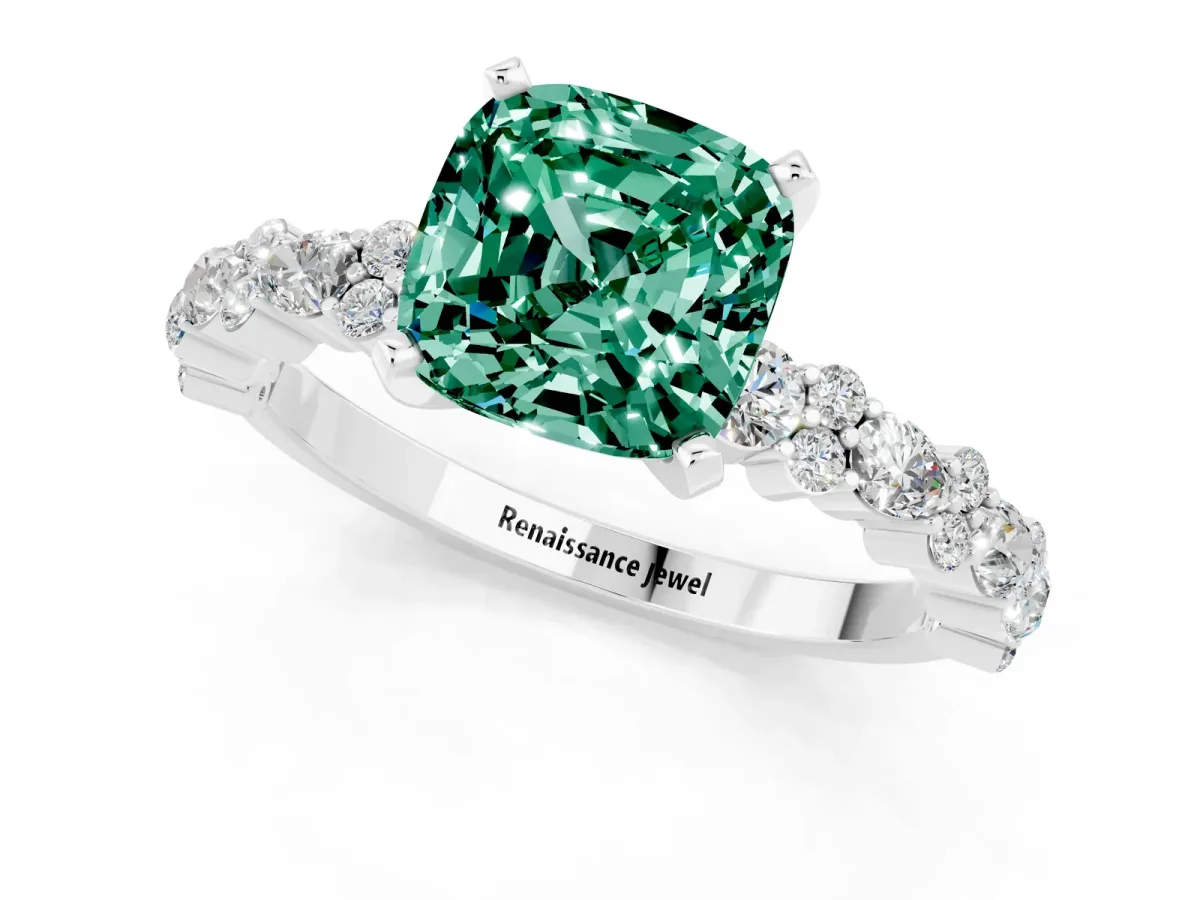 Cushion Cut Green Sapphire Side Stone Solitaire Ring with Round and Four-Prong Setting Platinum