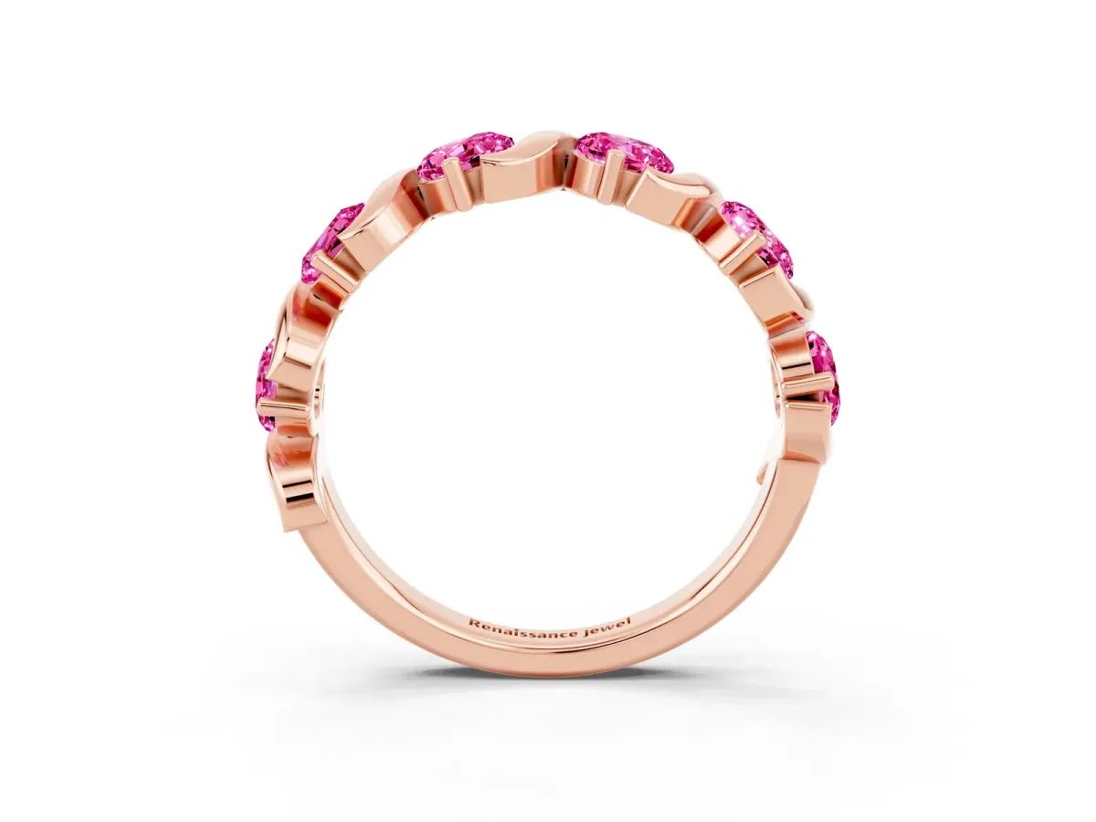 Six-Stone Round Pink Sapphire Wave Band with Shared Prong Setting Rose gold