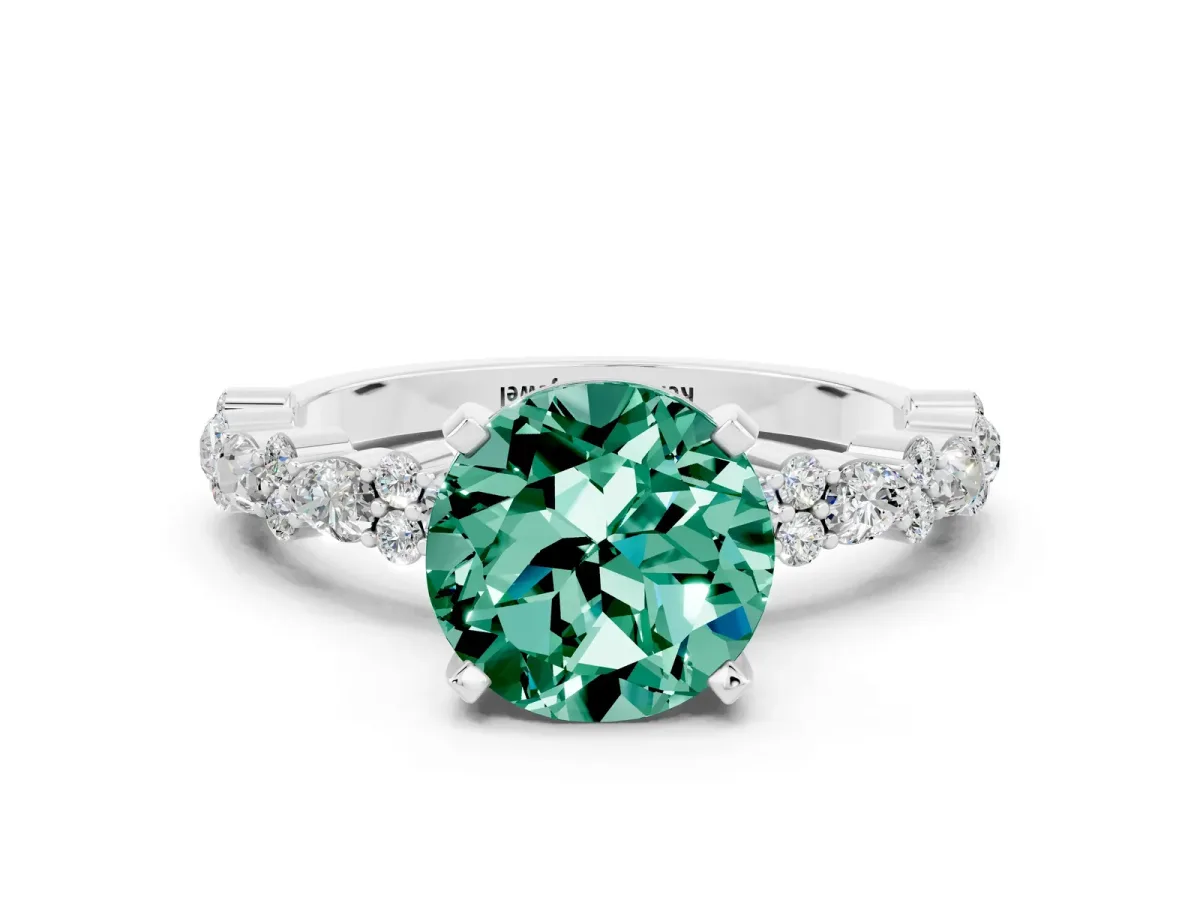 Round Cut Green Sapphire Side Stone Solitaire Ring with Round and Four-Prong Setting White gold