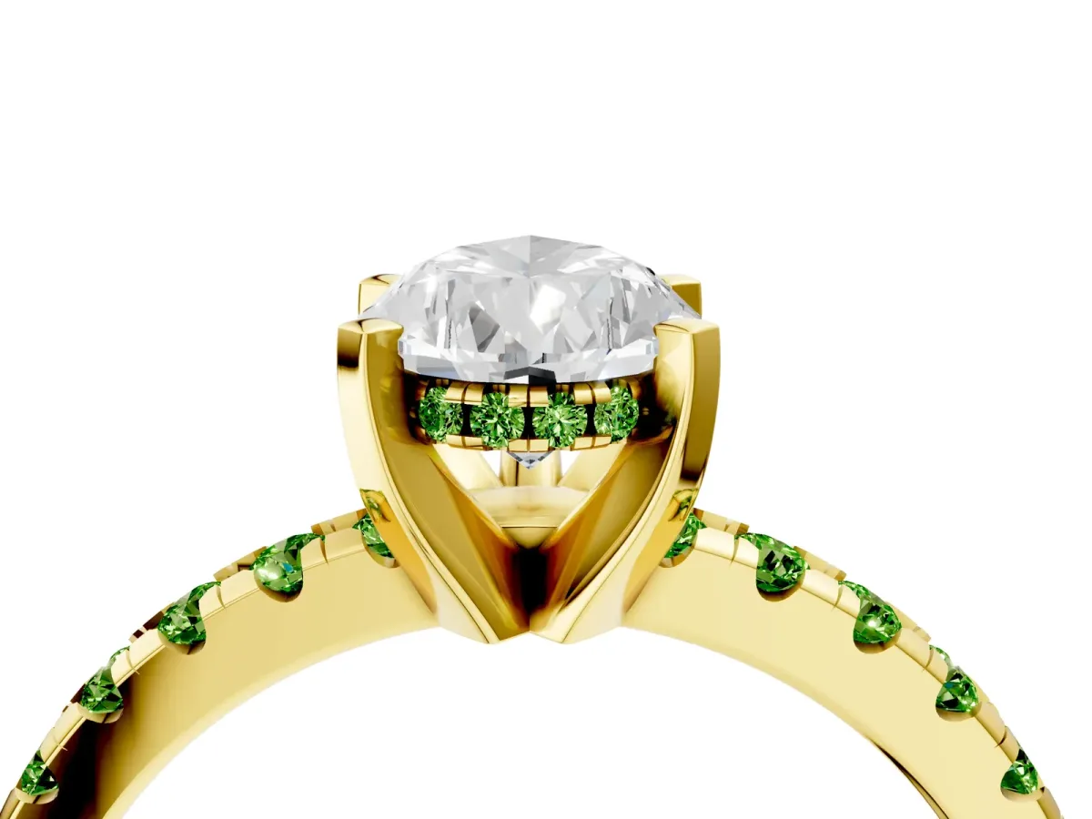 Pear Cut Diamond Solitaire Ring with Round Peridot Pavé Band and Four-Prong Setting Yellow gold